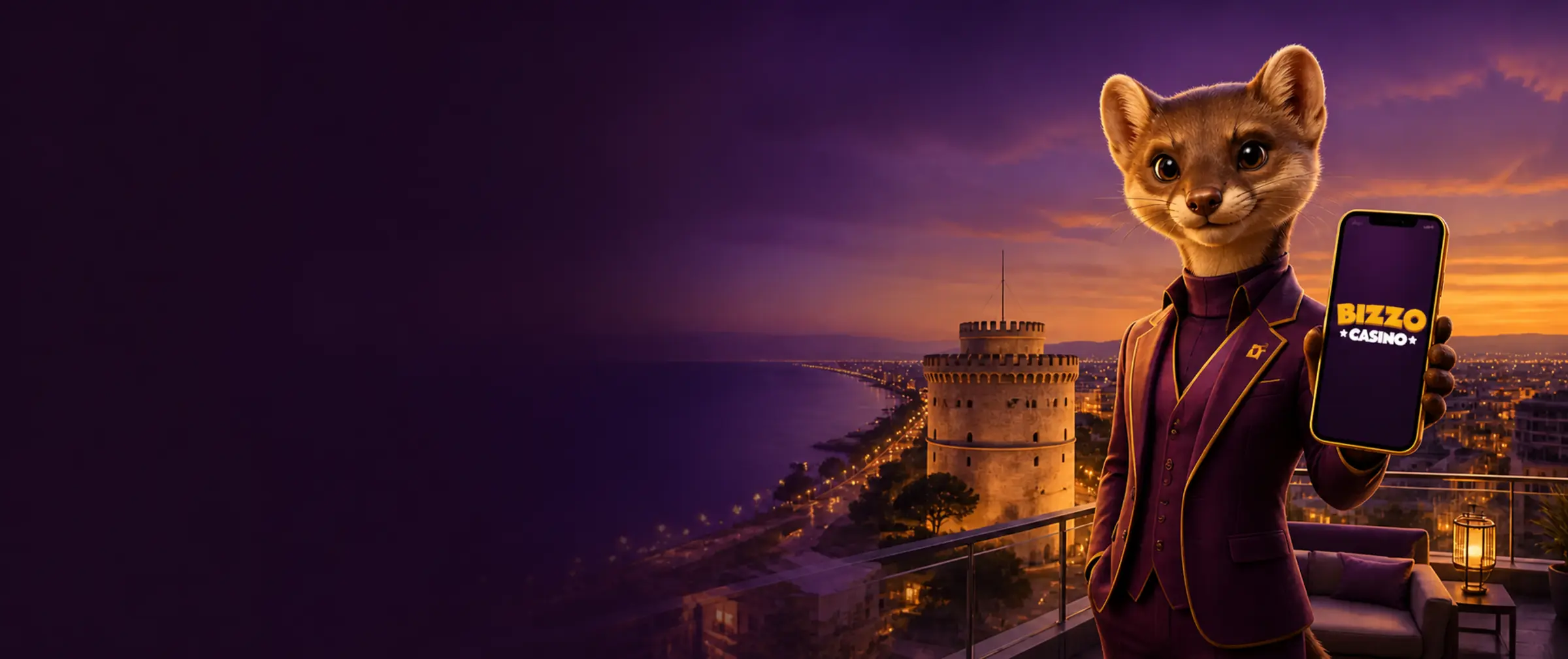 Κουνάβι με την εφαρμογή Bizzo Casino και φόντο τη Θεσσαλονίκη