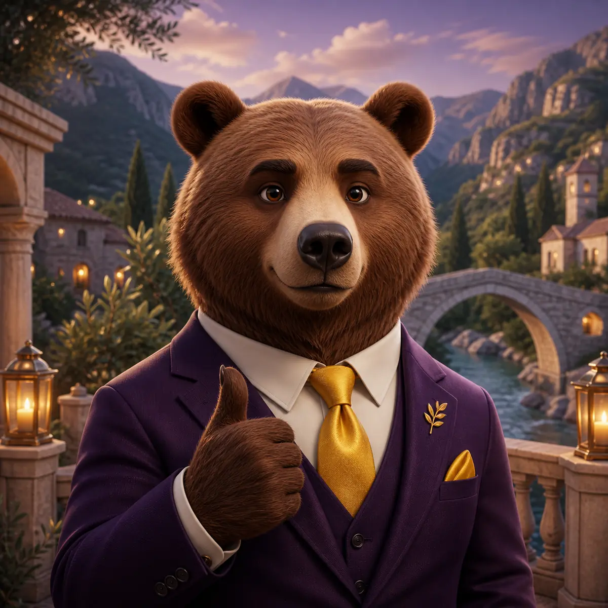 Αρκούδα ειδικός του Bizzo Casino με φόντο την ορεινή Ελλάδα