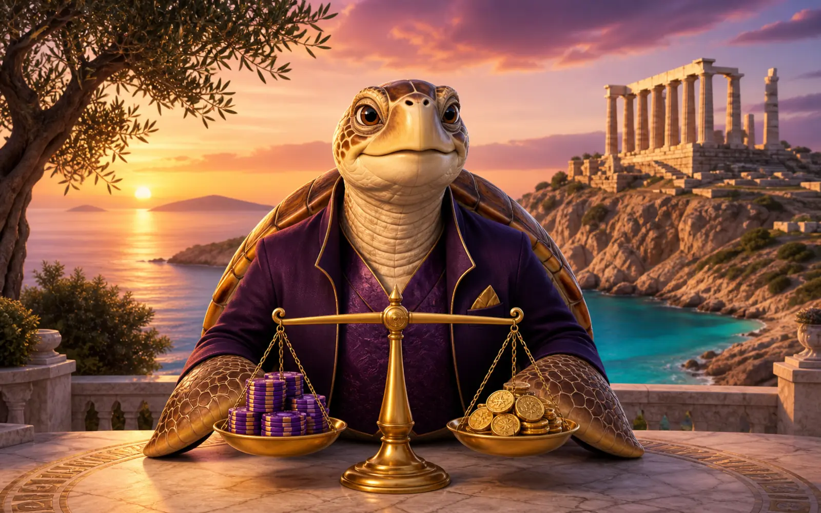 Χελώνα Caretta caretta με ζυγαριά και φόντο το Σούνιο